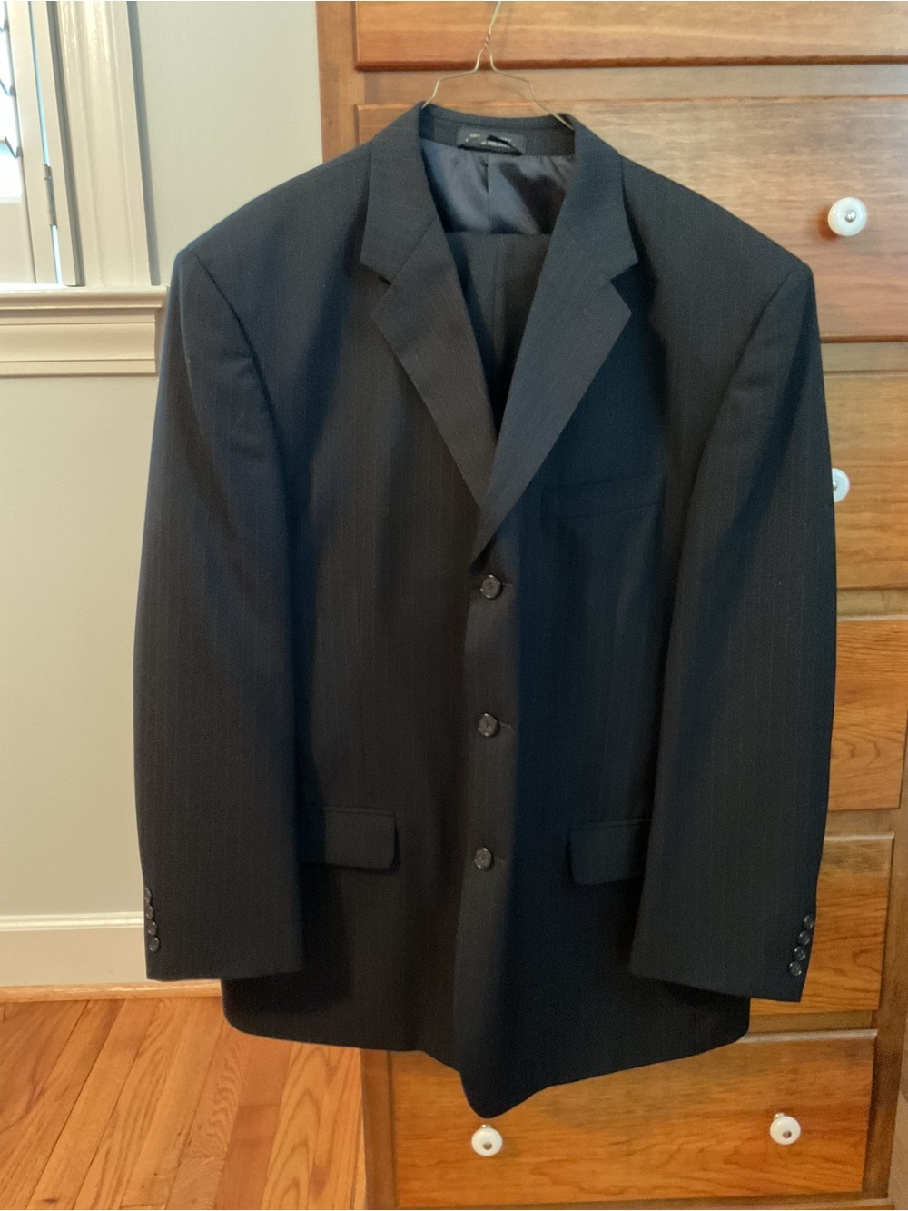 Men's Black Pinstripe  Suit Blazer (48R) and Pants (40W x 30L)